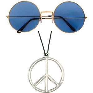 Widmann - Hippie Flower Power verkleed set peace ketting en ronde blauwe glazen party bril