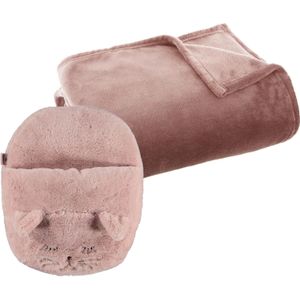 Apollo - Fleece deken oudroze 130 x 180 cm met voetenwarmer slof poes/kat one size