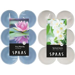 Candles by Spaas geurkaarsen - 24x stuks in 2 geuren Jasmin en Waterlilly flowers - Maxi theelichtjes