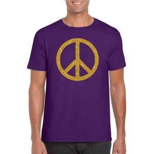 Toppers in concert Paars Flower Power t-shirt gouden glitter peace teken heren - Sixties/jaren 60 kleding