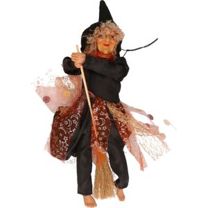 Halloween horror decoratie heksen pop op bezem - 30 cm - zwart/bruin - Versiering/feestartikelen