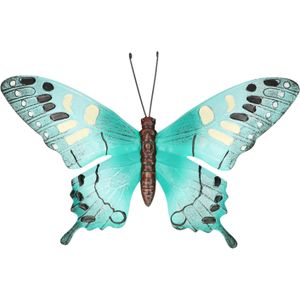Tuindecoratie vlinder van metaal turquoise blauw/zwart 37 cm - Metalen schutting decoratie vlinders - Dierenbeelden tuindecoratie