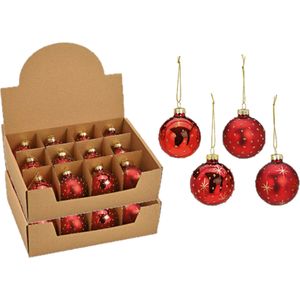 24x stuks luxe gedecoreerde glazen kerstballen rood 6 cm - Kerstboomversiering/kerstversiering