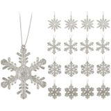 16x Kersthangers figuurtjes zilveren sneeuwvlok/ster 10 cm glitter - Sneeuw thema kerstboomhangers - Kerstboomversieringen koper