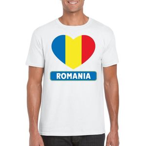 Roemenie t-shirt met Roemeense vlag in hart wit heren
