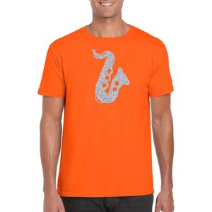 Zilveren saxofoon / muziek t-shirt / kleding - oranje - voor heren - muziek shirts / muziek liefhebber / saxofonisten / jazz / outfit