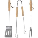 BBQ gereedschap - houten handvat - 3-delig - tang - vork - spatel - barbecue