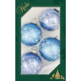 4x Luxe blauwe glazen kerstballen met witte sneeuwvlokken 7 cm - Kerstversiering/kerstdecoratie blauw