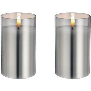 2x stuks luxe led kaarsen in grijs glas D7,5 x H12,5 cm - met timer - Woondecoratie - Elektrische kaarsen
