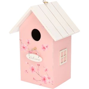 Nestkast/vogelhuisje hout roze met wit dak 15 x 12 x 22 cm