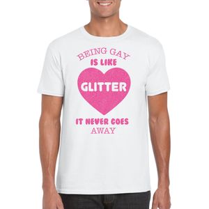 Bellatio Decorations Gay Pride T-shirt voor heren - being gay is like glitter - wit/roze - LHBTI