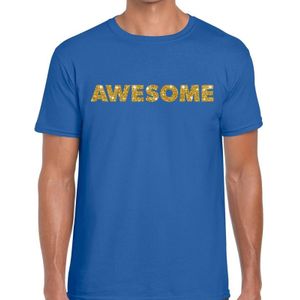 Awesome goud glitter tekst t-shirt blauw voor heren