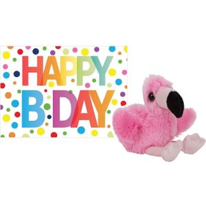 Pluche Knuffel Flamingo 13 cm met A5-size Happy Birthday Wenskaart - Verjaardag Cadeau Setje