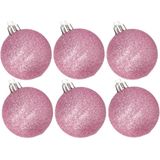 6x stuks kunststof glitter kerstballen roze 6 cm - Onbreekbare plastic kerstballen