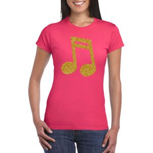 Gouden muziek noot  / muziek feest t-shirt / kleding - roze - voor dames - muziek shirts / muziek liefhebber / outfit