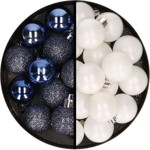 Kerstballen 36x stuks - 3 en 4 cm - donkerblauw en wit - kunststof