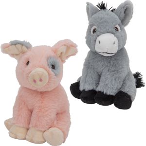 Pluche Boerderijdieren Knuffels Varken en Ezel Setje van 18 cm en 16 cm