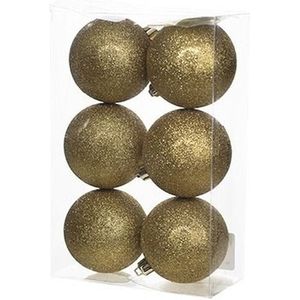 6x Gouden kunststof kerstballen 8 cm - Glitter - Onbreekbare plastic kerstballen - Kerstboomversiering goud