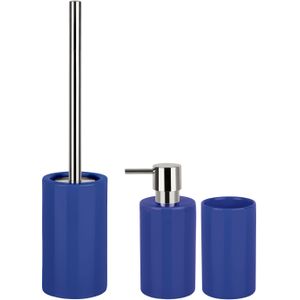 Spirella Badkamer accessoires set - WC-borstel/zeeppompje/beker - porselein - donkerblauw - Luxe uitstraling