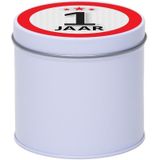 Cadeau/kado wit rond blik 1 jaar 10 cm - Snoepblikken - Cadeauverpakking voor verjaardag/jubileum