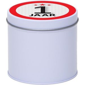 Cadeau/kado wit rond blik 1 jaar 10 cm - Snoepblikken - Cadeauverpakking voor verjaardag/jubileum