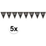 5x 50 jaar vlaggenlijn zwart 4 meter - leeftijd feestartikelen versiering
