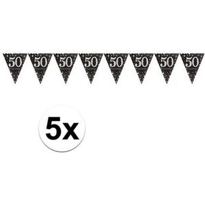 5x 50 jaar vlaggenlijn zwart 4 meter - leeftijd feestartikelen versiering