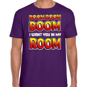 Bellatio Decorations Foute party t-shirt heren - Boom boom boom i want you in my room - paars -carnaval