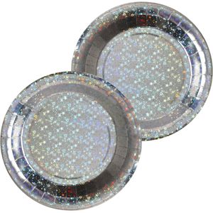 Santex feest wegwerpbordjes - glitter - 20x stuks - 23 cm - zilver