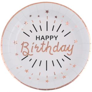 Santex Verjaardag feest bordjes happy birthday - 10x - rose goud - karton - 22 cm - rond