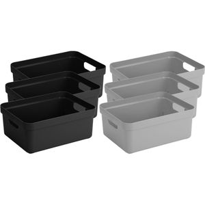 Set van 6x stuks opbergboxen/opbergmanden 24 liter kunststof zwart en grijs - Formaat per box:  45,3 x 35,4 x 18,3 cm