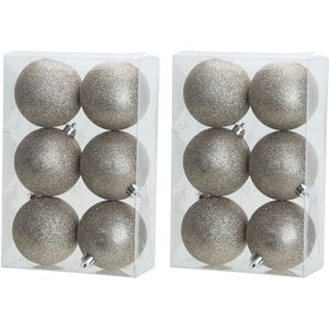 18x stuks kunststof glitter kerstballen champagne 8 cm - Onbreekbare kerstballen - Kerstversiering