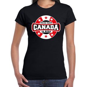 Have fear Canada is here t-shirt met sterren embleem in de kleuren van de Canadese vlag - zwart - dames - Canada supporter / Canadees elftal fan shirt / EK / WK / kleding