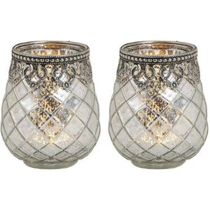 4x Waxinelichthouders/theelichthouders gerookt glas met metalen rand zilver 10 x 9 cm - Glazen kaarsenhouders - Woondecoraties
