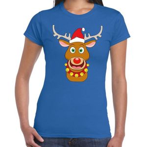 Foute Kerst t-shirt met de kerstman en rendier Rudolf blauw voor dames