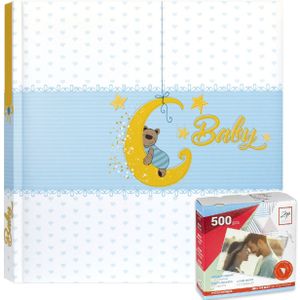 Fotoboek/fotoalbum Mia baby jongetje met 20 paginas blauw 24 x 24 x 2,5 cm inclusief 500 fotoplakkers/stickers