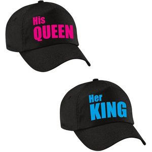 Her King en His Queen caps / petten zwart met blauwe en roze tekst voor volwassenen - Koningsdag - bruiloft - cadeaupetten / feestpetten voor koppels