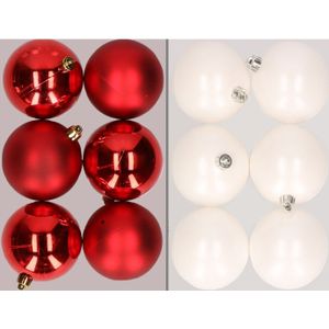 12x stuks kunststof kerstballen mix van rood en wit 8 cm - Kerstversiering