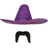 Carnaval verkleed set - Mexicaanse sombrero hoed met plaksnor - paars - heren