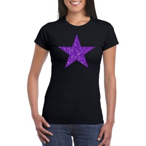 Zwart t-shirt ster met paarse glitters dames - Themafeest/feest kleding