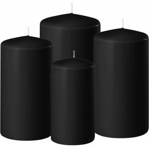 Set van 4x Stuks Zwarte Stompkaarsen 8-10-12-15 cm met Diameter 6 cm - Sfeer Kaarsen Voor Binnen