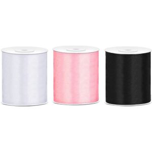 3x rollen satijnlint zwart-wit-licht roze 10 cm x 25 meter - Hobby cadeaulint sierlint
