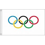 Olympische spelen versiering decoratie vlaggetjes pakket - vlag 90 x 150 cm en 3x een vlaggenlijnen van 3 meter