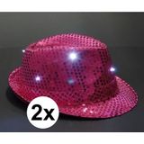 2x Roze Toppers pailletten hoedje met LED licht