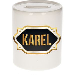 Karel naam cadeau spaarpot met gouden embleem - kado verjaardag/ vaderdag/ pensioen/ geslaagd/ bedankt