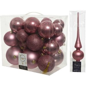 Kerstversiering kunststof kerstballen oud roze 6-8-10 cm pakket van 27x stuks - Met mat glazen piek van 26 cm