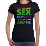 Bellatio Decorations Gay Pride t-shirt met tekst - dames - zwart - Talk about sex - LHBTI/LHBTIQ