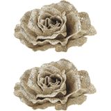 3x stuks decoratie bloemen roos champagne glitter op clip 10 cm - Decoratiebloemen/kerstboomversiering