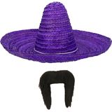 Carnaval verkleed set - Mexicaanse sombrero hoed dia 49 cm met plaksnor - paars - heren