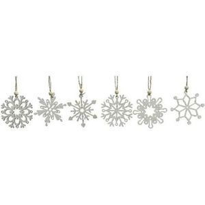 12x Houten sneeuwvlok kersthangers wit 6 cm - Kerstboomversiering